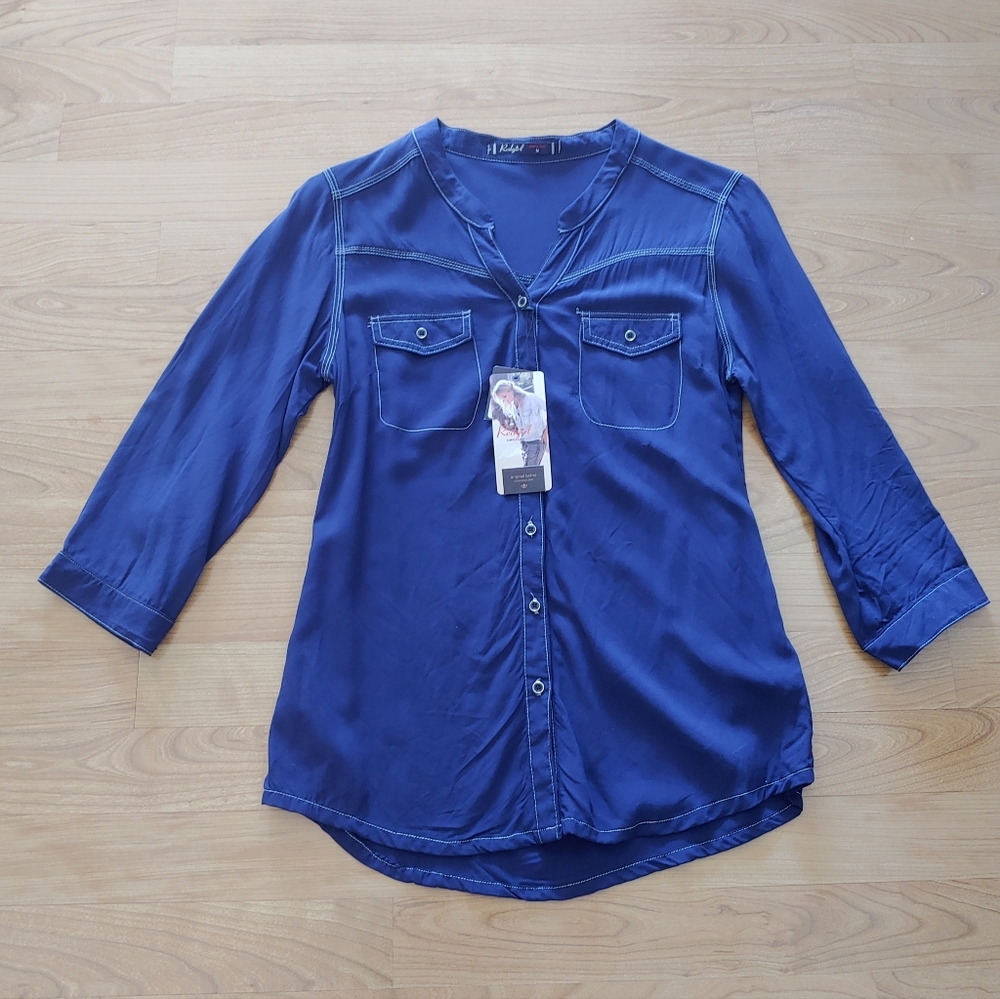 Red girl simply chic slim women western style blue long sleeve v neck top M  NWT